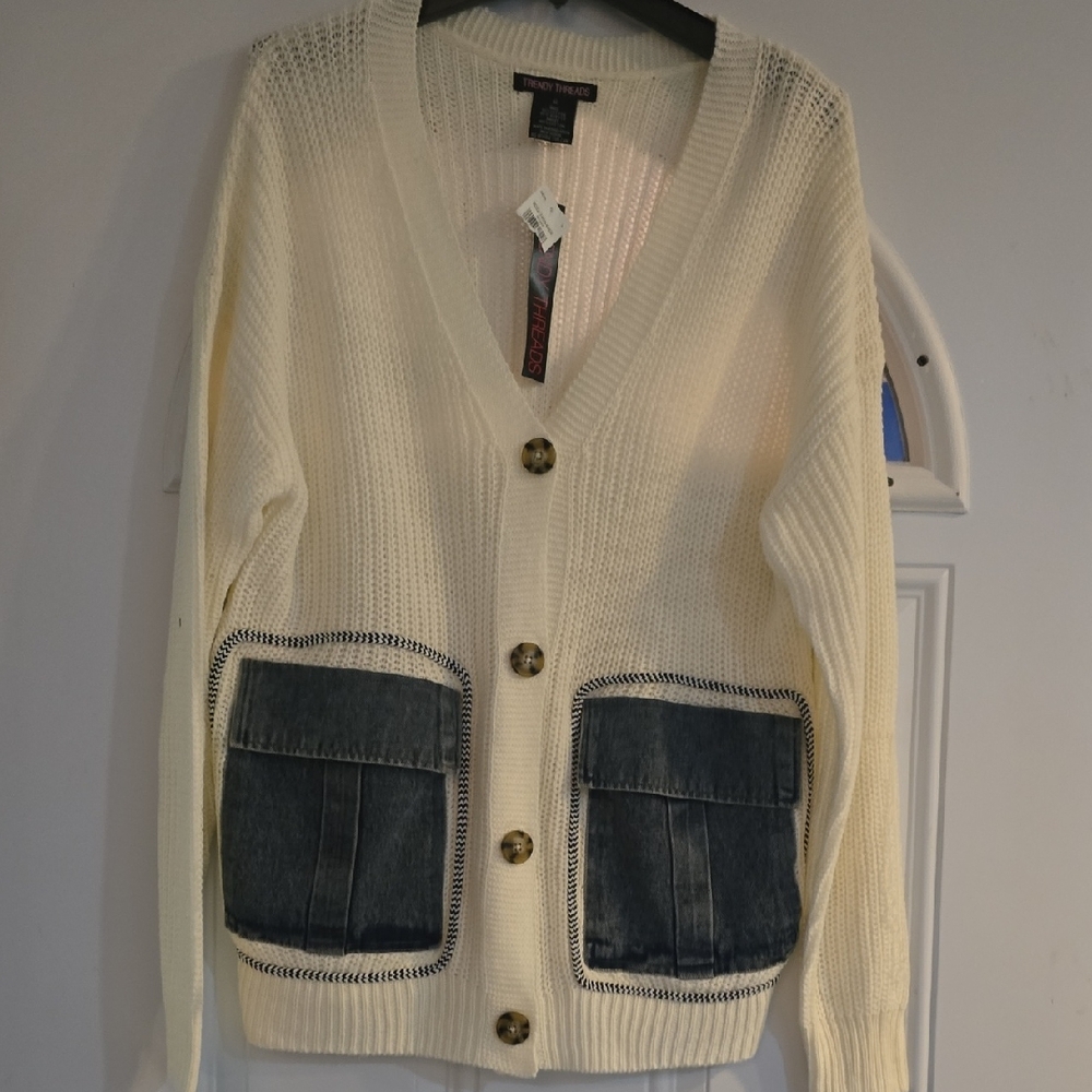 Cream Cardigan with Denim Pockets